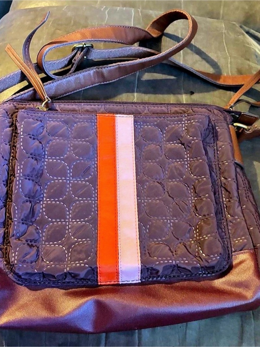 Fossil Key-Per Quilted Nylon Crossbody Bag Purple & Brown
